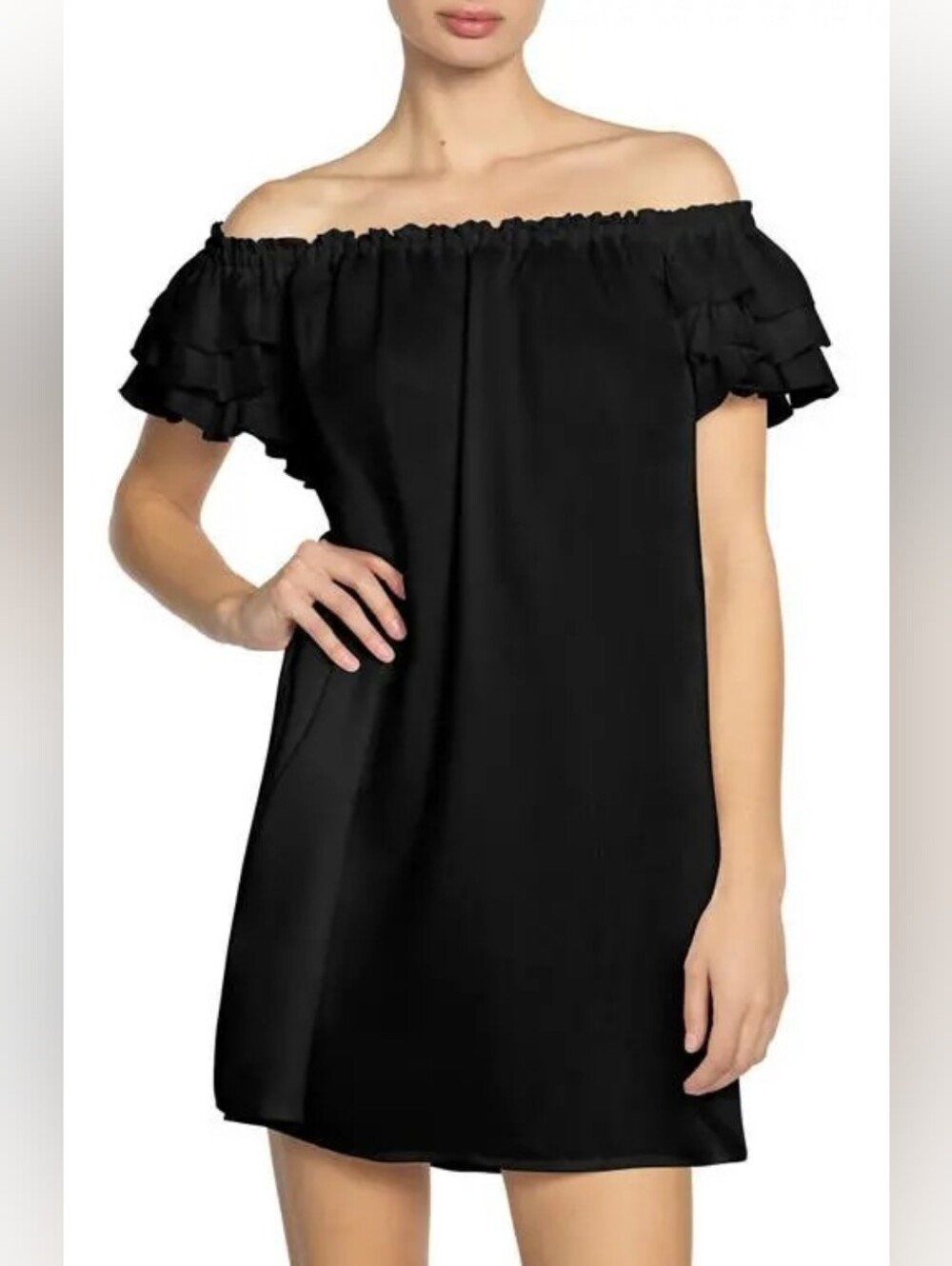 Robin Piccone Ruffle Off Shoulder Cover-up Dress, Black, XS, Off Shoulder Mini